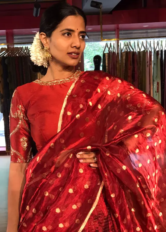 Maroon Tissue Silk Dupatta with Gold Zari Buttis