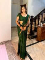 Bottle Green Chequered Handwoven Mangalagiri Silk Saree - Image 9