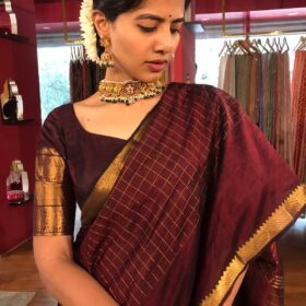 Close up view of a model showcasing Brown Mangalagiri Silk Saree woven in Gold Zari Checks, Suitable for Weddings & Receptions by Mirra Clothing