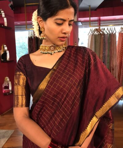 Close up view of a model showcasing Brown Mangalagiri Silk Saree woven in Gold Zari Checks, Suitable for Weddings & Receptions by Mirra Clothing