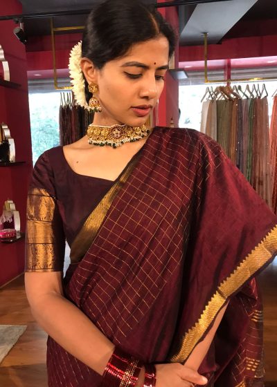 Close up view of a model showcasing Brown Mangalagiri Silk Saree woven in Gold Zari Checks, Suitable for Weddings & Receptions by Mirra Clothing