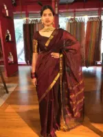 Full view of a model showcasing Brown Mangalagiri Silk Saree woven in Gold Zari Checks, Suitable for Formal Cultural Events by Mirra Clothing