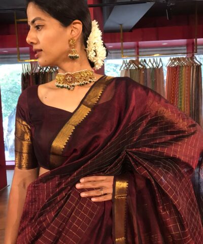 Front view of a model showcasing a Brown Mangalagiri Silk Saree woven in Gold Zari Checks, Suitable for Festivals like Diwali & Durga Puja by Mirra Clothing