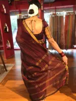 Back view of a model showcasing Brown Mangalagiri Silk Saree woven in Gold Zari Checks, Suitable for Anniversaries & Milestone Celebrations by Mirra Clothing