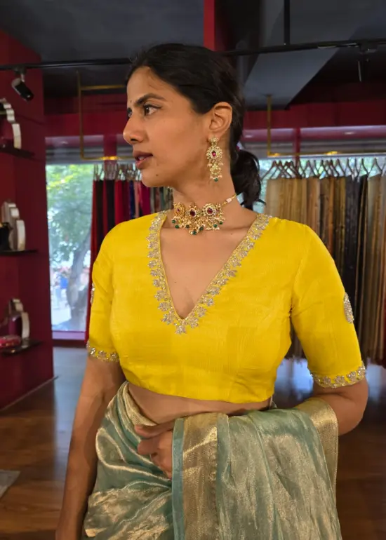 Back view of a model showcasing Lemon Yellow Silk Blouse, Suitable for traditional performances or fairs By Mirra Clothing