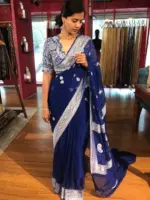 Blue Khaddi Banarasi Chiffon Silk Saree with Kadwa Zari Motifs - Image 8