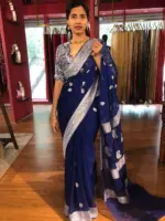Blue Khaddi Banarasi Chiffon Silk Saree with Kadwa Zari Motifs - Image 7