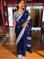 Blue Khaddi Banarasi Chiffon Silk Saree with Kadwa Zari Motifs - Image 5