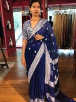Blue Khaddi Banarasi Chiffon Silk Saree with Kadwa Zari Motifs - Image 9