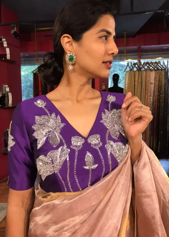 Purple Hand Embroidered Silk Blouse