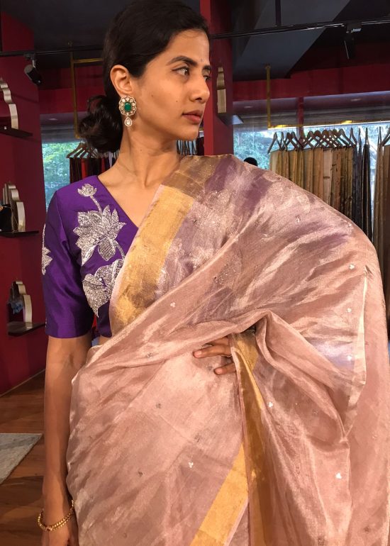 Onion Pink Tissue Silk Saree with Sequins Embroidery