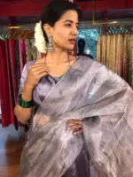Lilac Silk Half Saree Set with Tissue Silk Dupatta (Set of 3) - Image 6