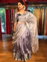 Lilac Silk Half Saree Set with Tissue Silk Dupatta (Set of 3) - Image 3