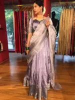Lilac Silk Half Saree Set with Tissue Silk Dupatta (Set of 3) - Image 4