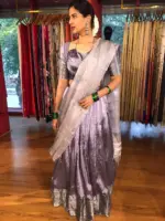 Lilac Silk Half Saree Set with Tissue Silk Dupatta (Set of 3) - Image 2