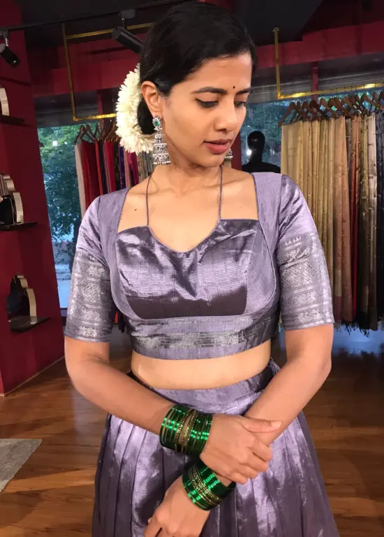 Close up view of a model showcasing Lilac Silk Lehenga Set (Set of 2), Suitable for Festive By Mirra Clothing