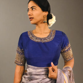Royal Blue Raw Silk Blouse with Hand Embroidery