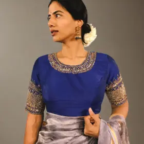 Royal Blue Raw Silk Blouse with Hand Embroidery