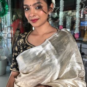 Silver White Brocade Tissue Silk Saree with Gold Silver Zari Weaves