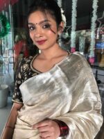 Silver White Brocade Tissue Silk Saree with Gold Silver Zari Weaves