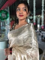 Silver White Brocade Tissue Silk Saree with Gold Silver Zari Weaves - Image 3