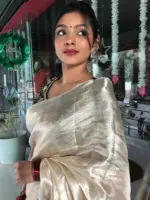 Silver White Brocade Tissue Silk Saree with Gold Silver Zari Weaves - Image 3