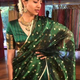 Bottle Green Silk Half Saree Set with Tissue Silk Dupatta (Set of 3)