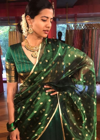 Bottle Green Silk Half Saree Set with Tissue Silk Dupatta (Set of 3)