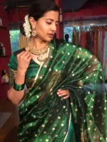 Bottle Green Silk Half Saree Set with Tissue Silk Dupatta (Set of 3) - Image 3