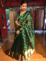 Bottle Green Silk Half Saree Set with Tissue Silk Dupatta (Set of 3) - Image 4