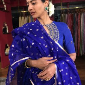 Royal Blue Organza Silk Dupatta with Gold Zari Buttis