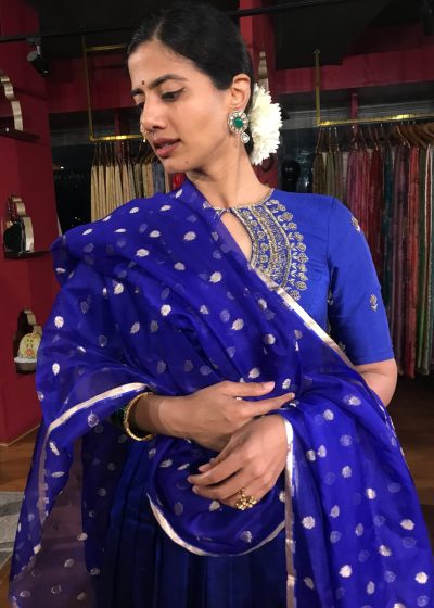 Royal Blue Silk Half Saree Set with Organza Silk Dupatta (Set of 3)