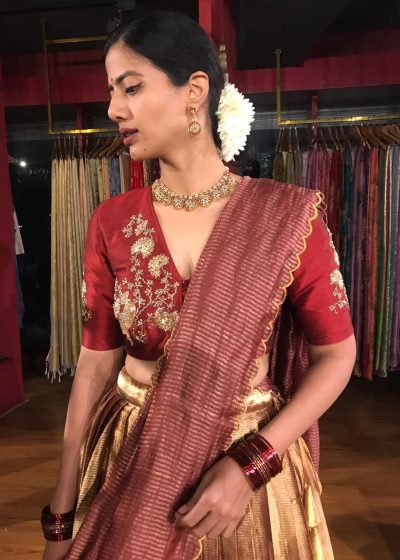 Maroon Embroidered Silk Half Saree Set with Scallop Dupatta (Set of 3)