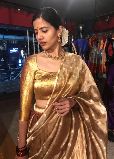 Molten Gold Tissue Silk Half Saree Set with Tissue Silk Dupatta (Set of 3)