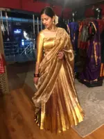 Molten Gold Tissue Silk Half Saree Set with Tissue Silk Dupatta (Set of 3) - Image 5