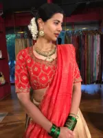 Red Embroidered Silk Half Saree Set with Tissue Silk Dupatta (Set of 3) - Image 5