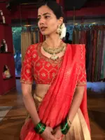 Red Embroidered Silk Half Saree Set with Tissue Silk Dupatta (Set of 3)