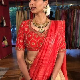 Red Embroidered Silk Half Saree Set with Tissue Silk Dupatta (Set of 3)