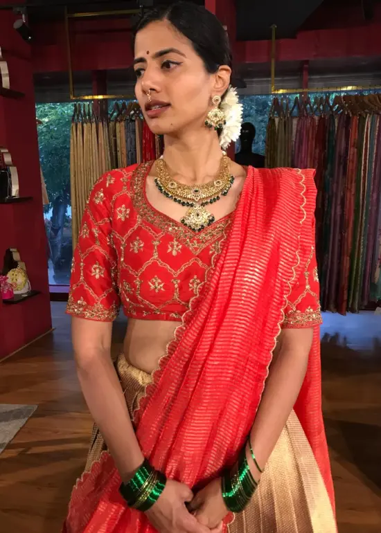 Red Embroidered Silk Half Saree Set with Tissue Silk Dupatta (Set of 3)