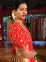 Red Embroidered Silk Half Saree Set with Tissue Silk Dupatta (Set of 3) - Image 4