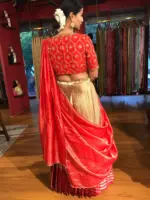 Red Embroidered Silk Half Saree Set with Tissue Silk Dupatta (Set of 3) - Image 3