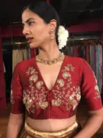 Maroon Hand Embroidered Raw Silk Blouse - Image 2