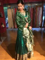 Bottle Green Tissue Silk Dupatta with Gold Zari Buttis - Image 2