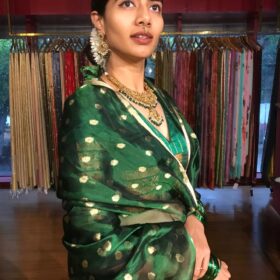 Bottle Green Tissue Silk Dupatta with Gold Zari Buttis