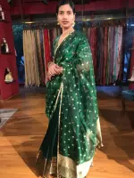 Bottle Green Embroidered Silk Half Saree Set with Tissue Silk Dupatta (Set of 3) - Image 4