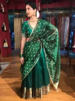 Bottle Green Embroidered Silk Half Saree Set with Tissue Silk Dupatta (Set of 3) - Image 5