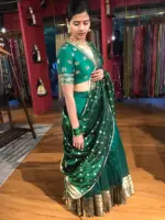 Bottle Green Embroidered Silk Half Saree Set with Tissue Silk Dupatta (Set of 3) - Image 3