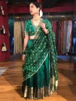 Bottle Green Embroidered Silk Half Saree Set with Tissue Silk Dupatta (Set of 3) - Image 2