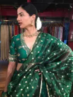 Bottle Green Embroidered Silk Half Saree Set with Tissue Silk Dupatta (Set of 3)