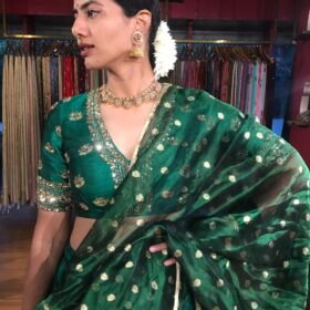 Bottle Green Embroidered Silk Half Saree Set with Tissue Silk Dupatta (Set of 3)